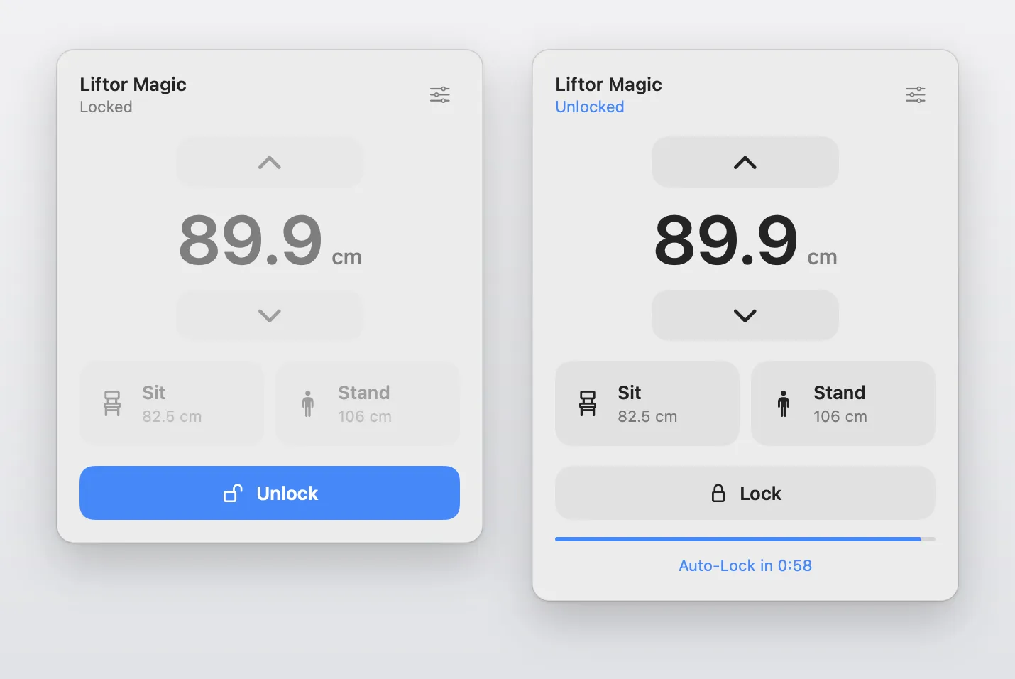 The app’s menu bar panel twice, side by side: locked, with the height greyed out and a blue Unlock button, and unlocked, with Sit, Stand, a Lock button and a countdown that reads Auto-Lock in 0:58