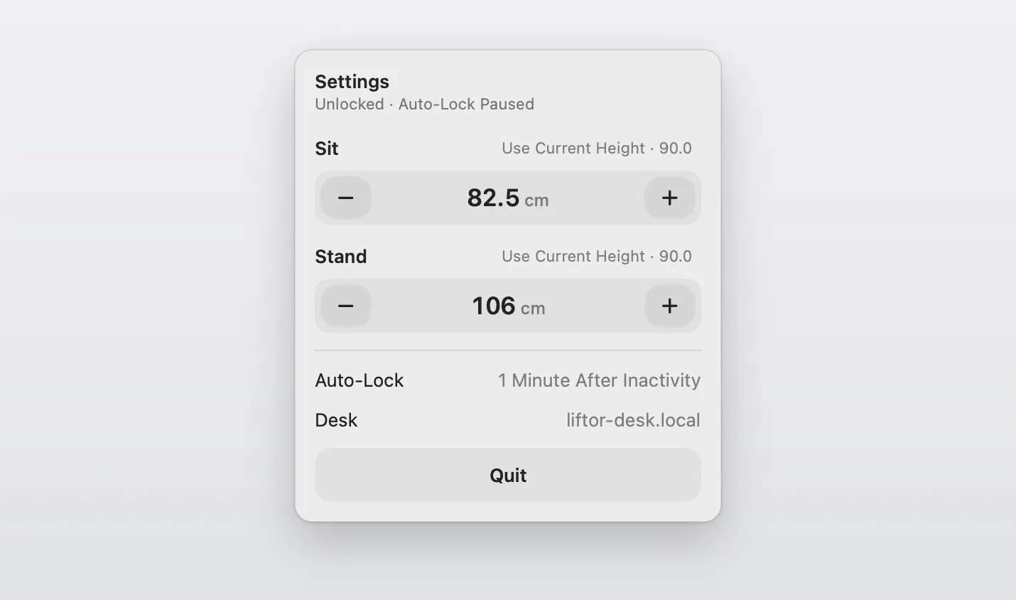 The app’s Settings panel: Sit at 82.5 cm and Stand at 106 cm, each with minus and plus buttons and a Use Current Height button, Auto-Lock 1 Minute After Inactivity, Desk liftor-desk.local, and a Quit button